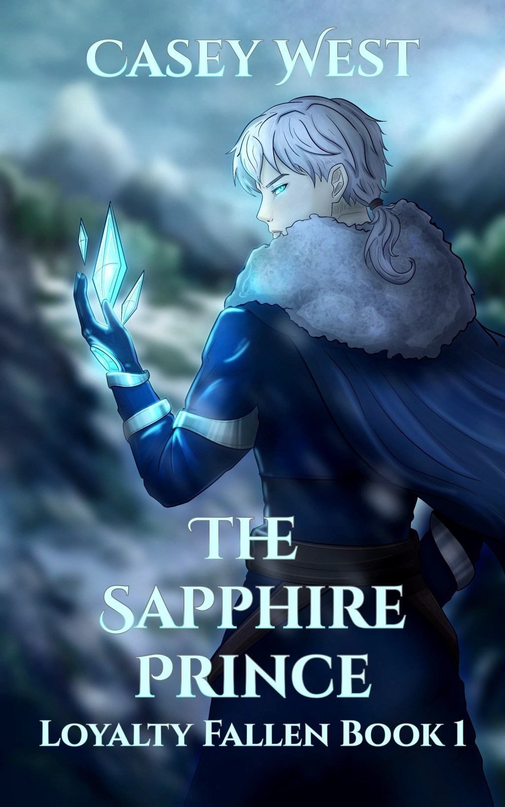 Book cover depicting a mage performing ice magic, with the title "The Sapphire Prince"